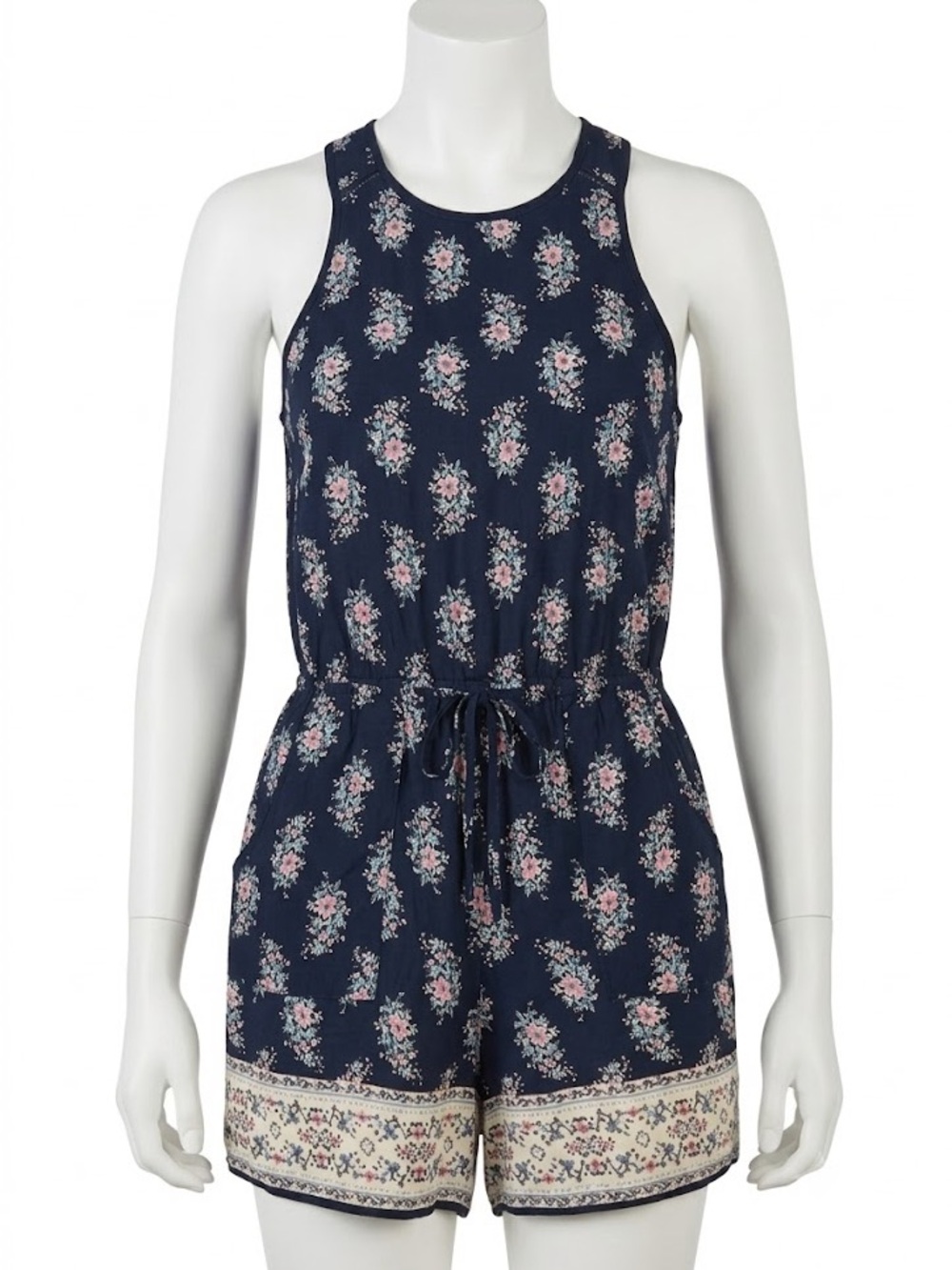 Zoe & Rose Medium Navy Floral Print Sleeveless Romper with Drawstring Waist